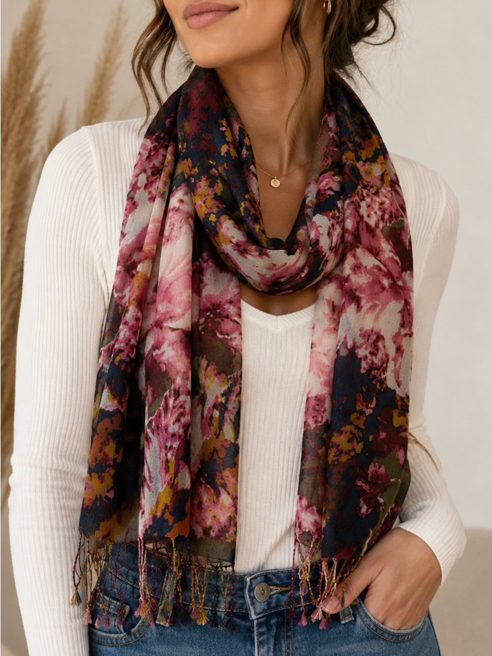 Source Unknown Floral Ombre Scarf in Pink, Navy and Olive - Women's Accessory